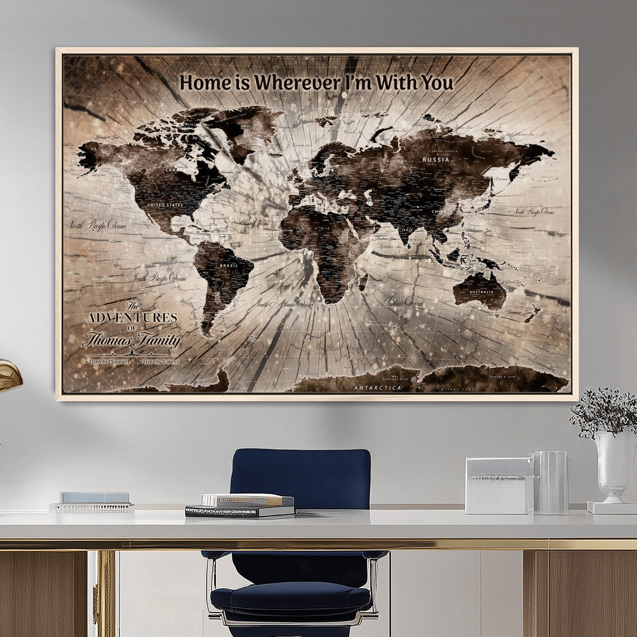 72371980-MGV-FC-36X24 - Personalized World Map Wall Art – Customizable Push Pin Framed Canvas Print Unique Travel Decor for Home, Office