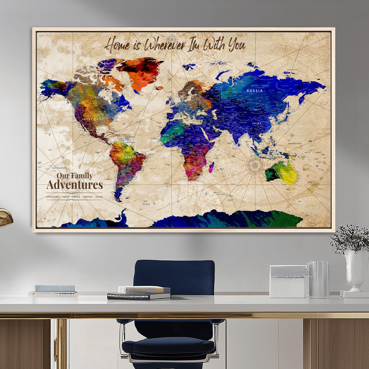 42795268-MGV-FC-36X24 - Personalized Push Pin World Map Canvas Print – Custom Adventure Travel Map, Framed Wall Art Gift for Couples or Family