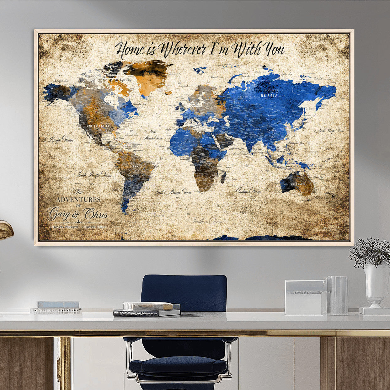 20854758-MGV-FC-36X24 - Personalized Push Pin World Map Canvas Print – Custom Framed Travel Tracker Artwork with Pins for Home and Office Decor