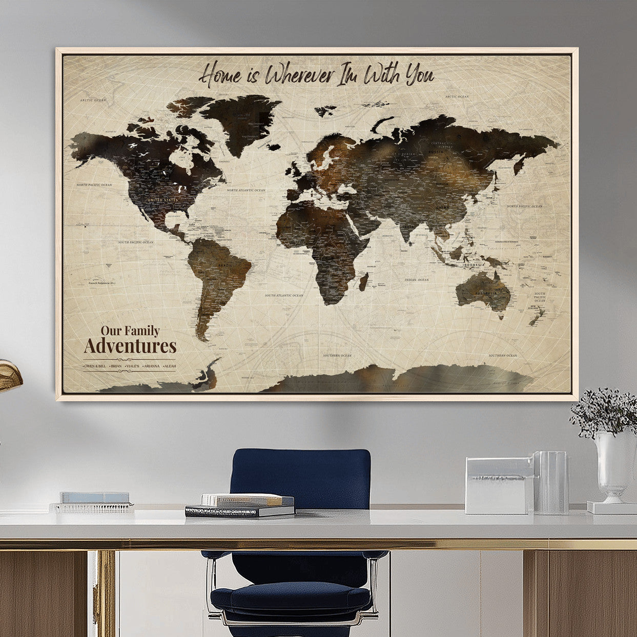 57979837-MGV-FC-36X24 - Personalized Push Pin World Map Canvas Print – Custom Framed Travel Tracker Wall Art Large Map Artwork for Home, Office
