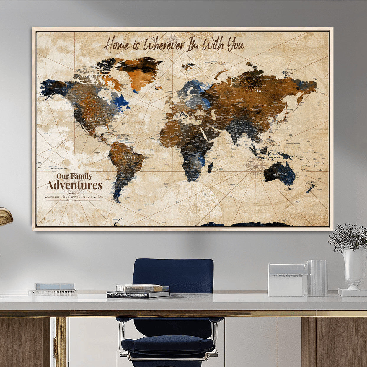 37709027-MGV-FC-36X24 - Customized Push Pin World Map Wall Art Canvas Print with Pins, Vintage Personalized Travel Tracker Map, Framed World Map for Living Room, Office and Home Decor