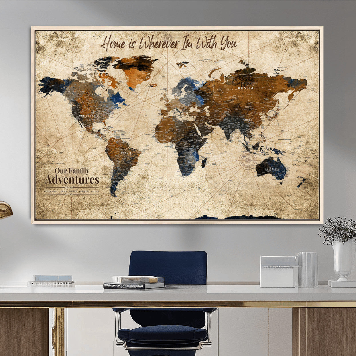 23631534-MGV-FC-36X24 - Customized Push Pin World Map Wall Art Canvas Print with Pins, Personalized Travel Tracker Map, Framed World Map for Living Room, Office and Home Decor