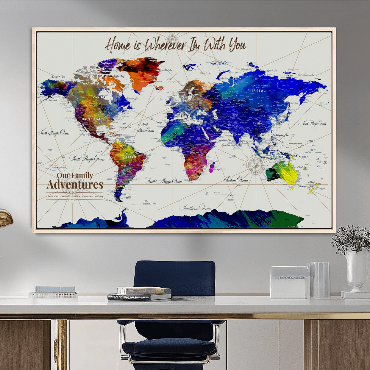 74686301-MGV-FC-36X24 - Customized Push Pin World Map Wall Art Canvas Print with Pins, Personalized Travel Tracker Map, Framed World Map for Living Room, Office and Home Decor