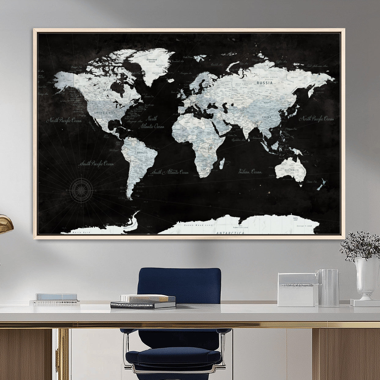 30759283-MGV-FC-36X24 - World Map Wall Art Canvas Print, Modern Decorative Framed Map Artwork Prints for Living Room, Office, Bedroom Wall Decor