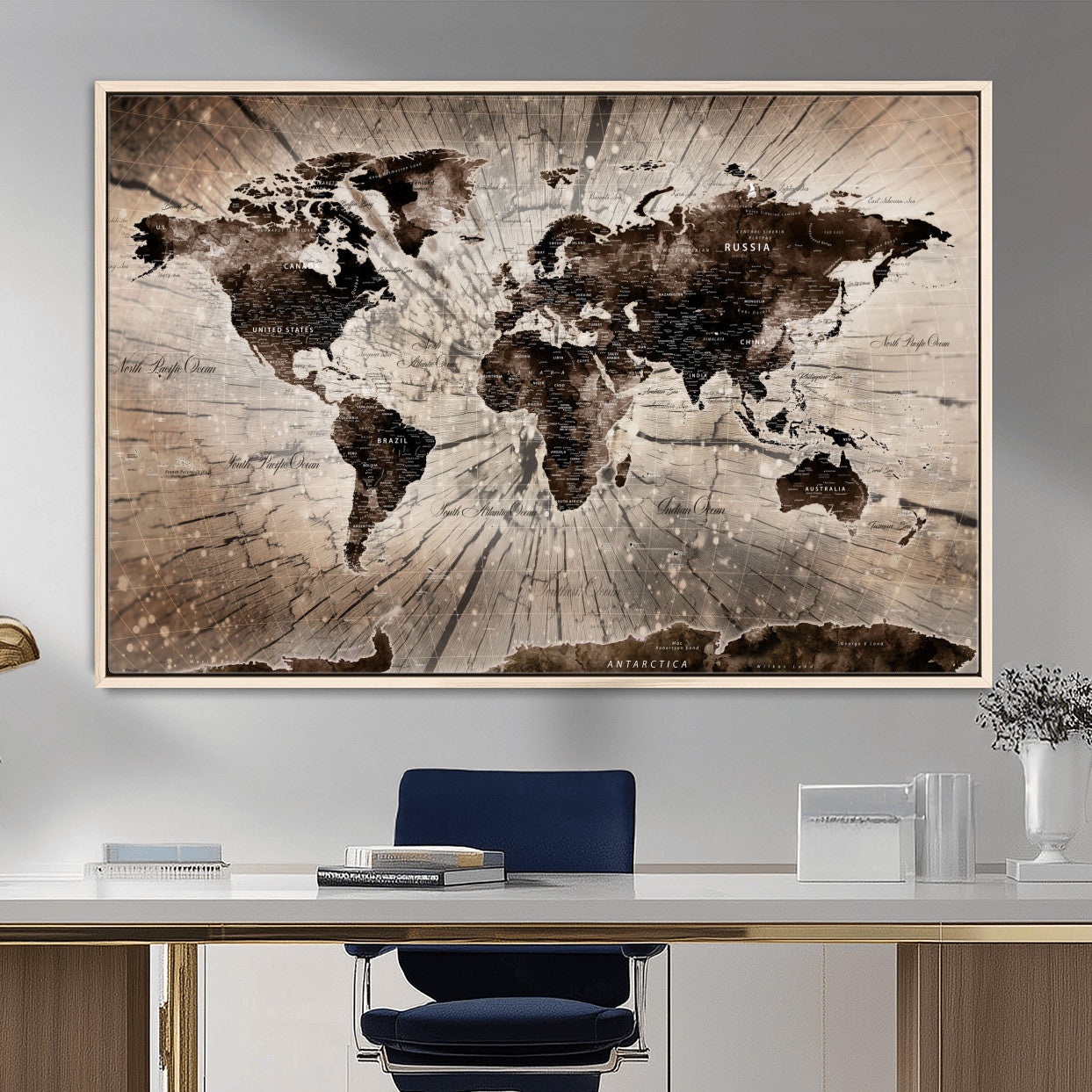 35326624-MGV-FC-36X24 - World Map Wall Art Canvas Print, Modern Decorative Framed Map Artwork Prints for Living Room, Office, Bedroom Wall Decor