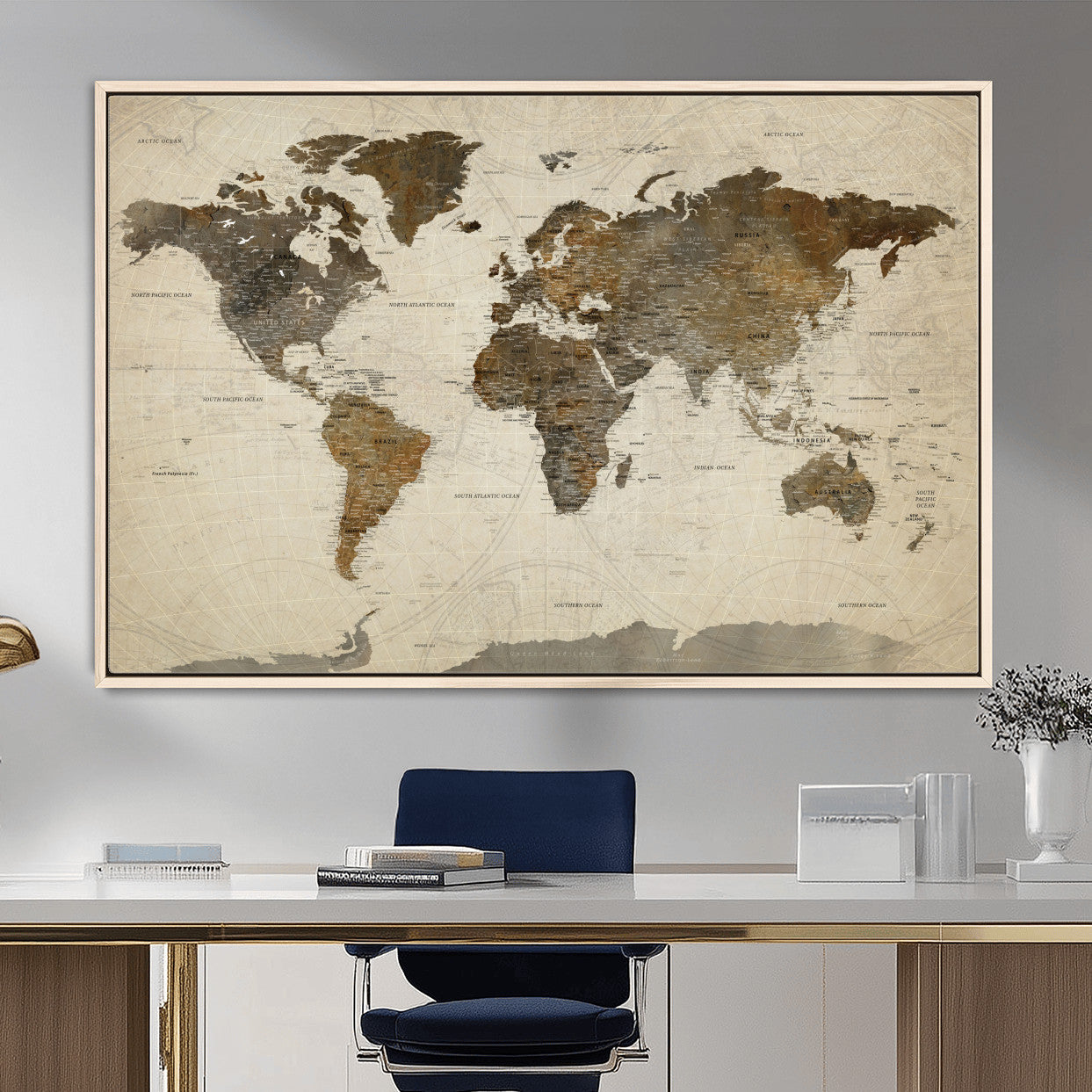 91849163-MGV-FC-36X24 - World Map Wall Art Canvas Print, Modern Decorative Framed Map Artwork Prints for Living Room, Office, Bedroom Wall Decor