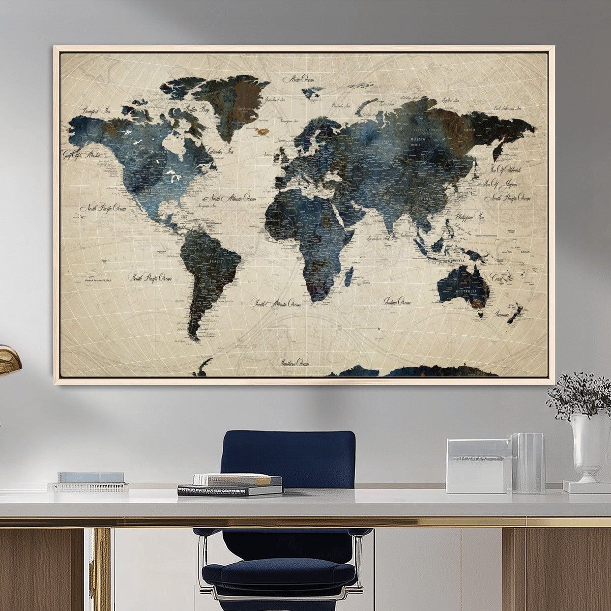 33438443-MGV-FC-36X24 - World Map Wall Art Canvas Print, Modern Decorative Framed Map Artwork Prints for Living Room, Office, Bedroom Wall Decor