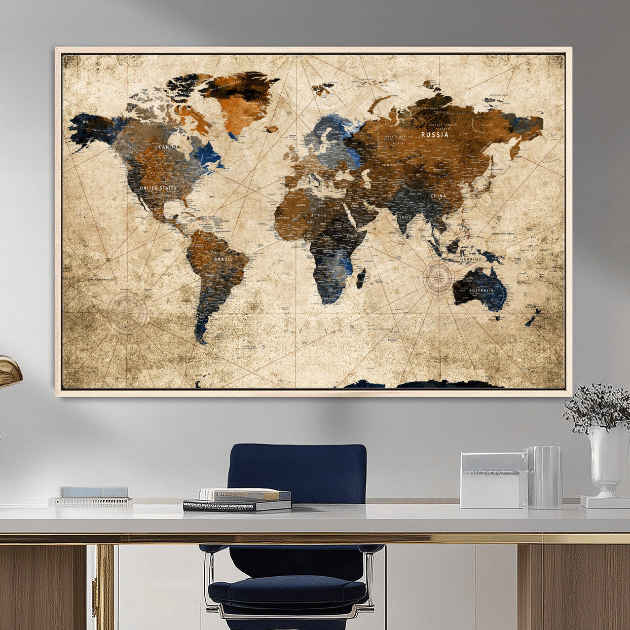 56297284-MGV-FC-36X24 - World Map Wall Art Canvas Print, Modern Decorative Framed Map Artwork Prints for Living Room, Office, Bedroom Wall Decor