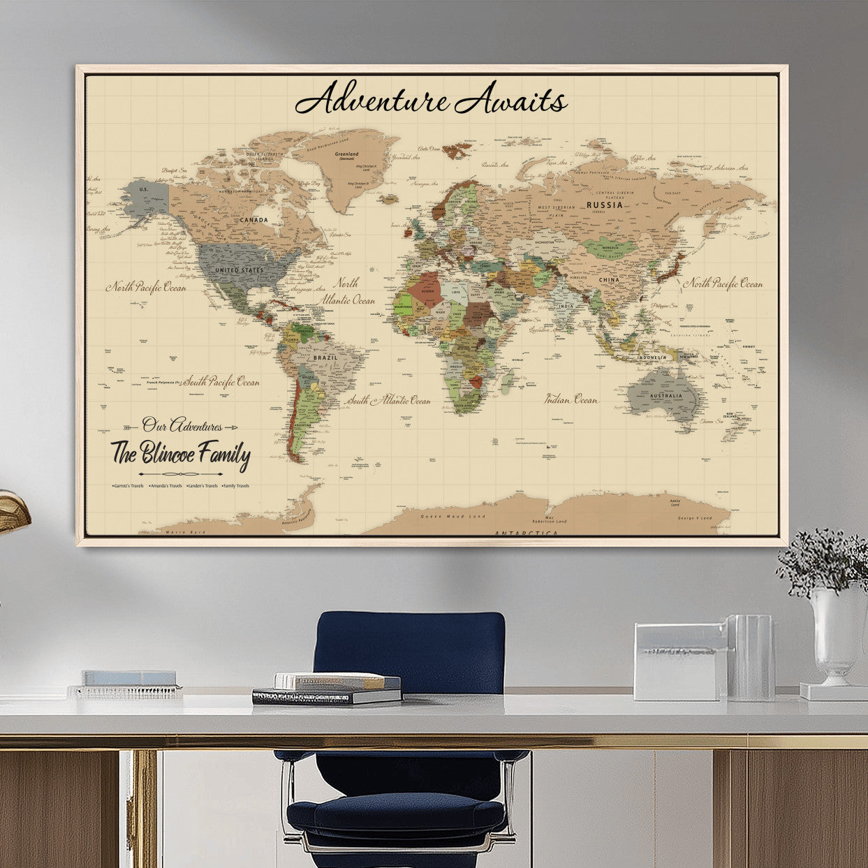 63407426-MGV-FC-36X24 - Customized Push Pin World Map Wall Art Canvas Print with Pins, Framed Personalize Travel Tracker Map, World Map for Living Room and Office Decor