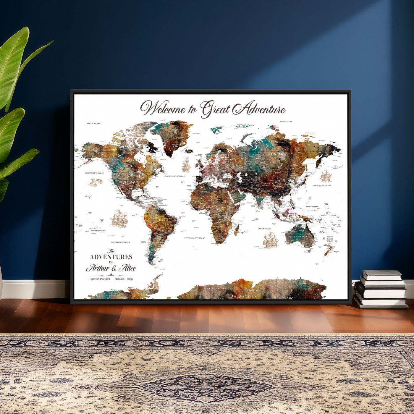 20271103-MGV-CV-36X24 - Custom Push Pin World Map Wall Art Canvas Print – Personalized Travel Tracker with Pins Framed Large for Home and Office Decor