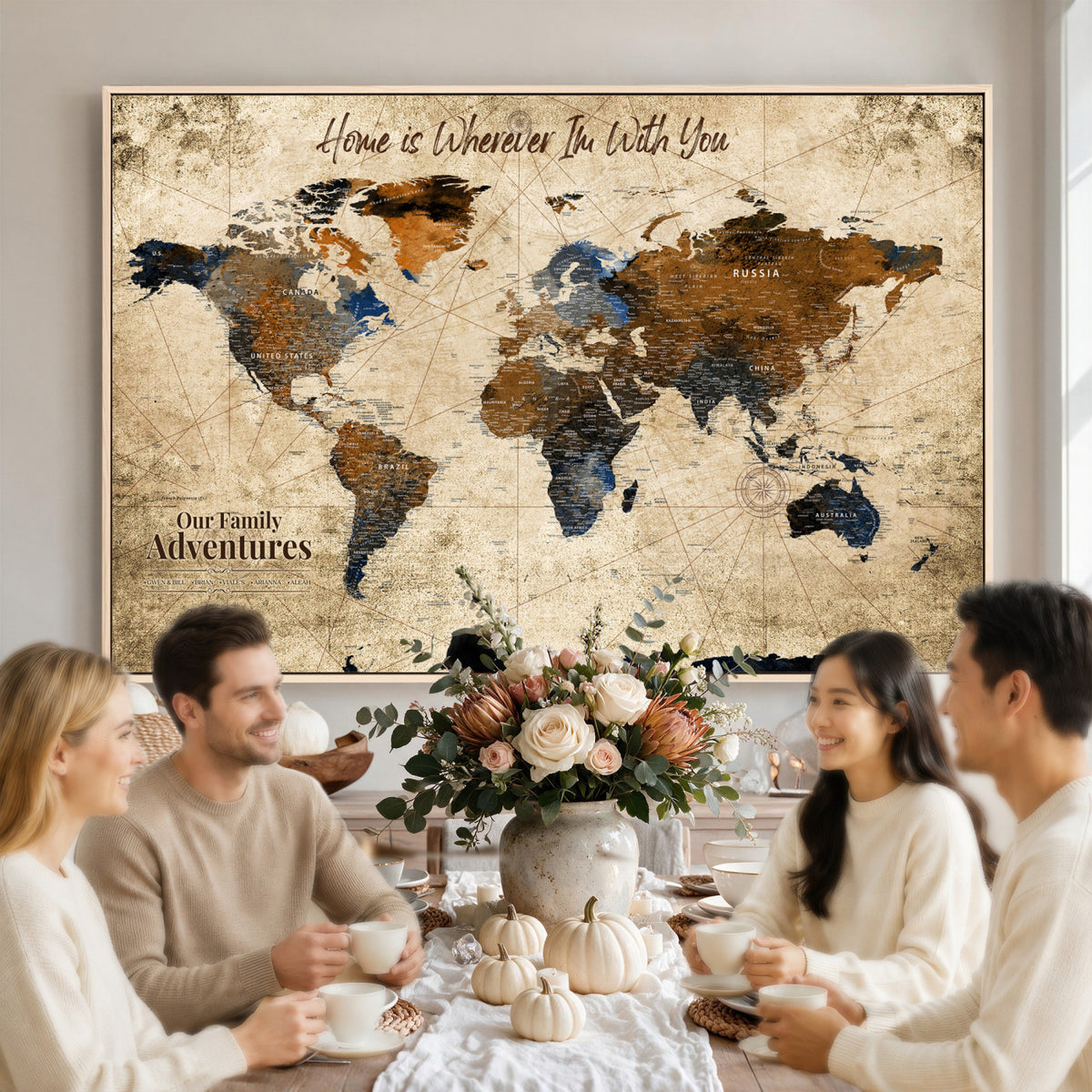 17548029-MGV-CV-36X24 - Personalized Framed Beige Modern Push Pin World Map Canvas Print, Bucket List Map, Home Office and Study Decor