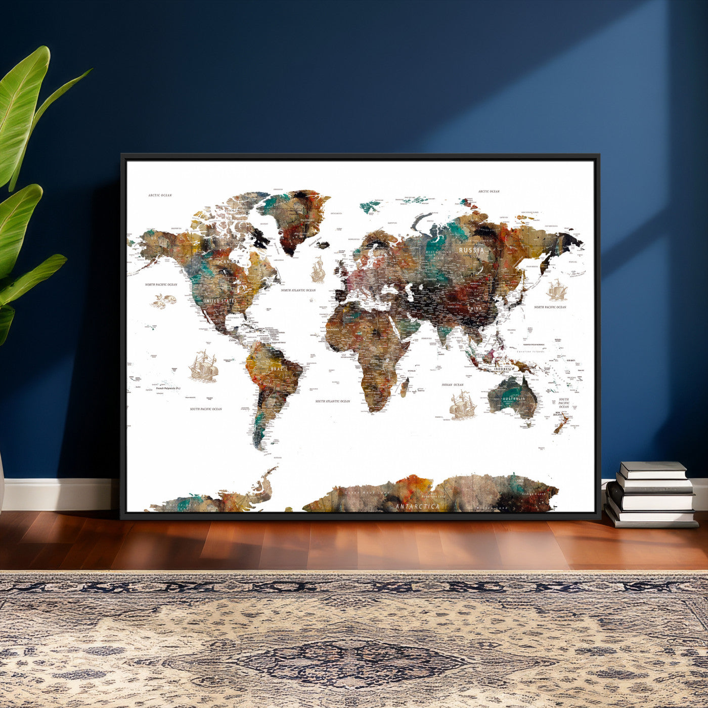 82293175-MGV-CV-36X24 - World Map Wall Art Canvas Print, Modern Decorative Framed Map Artwork Prints for Living Room, Office, Bedroom Wall Decor