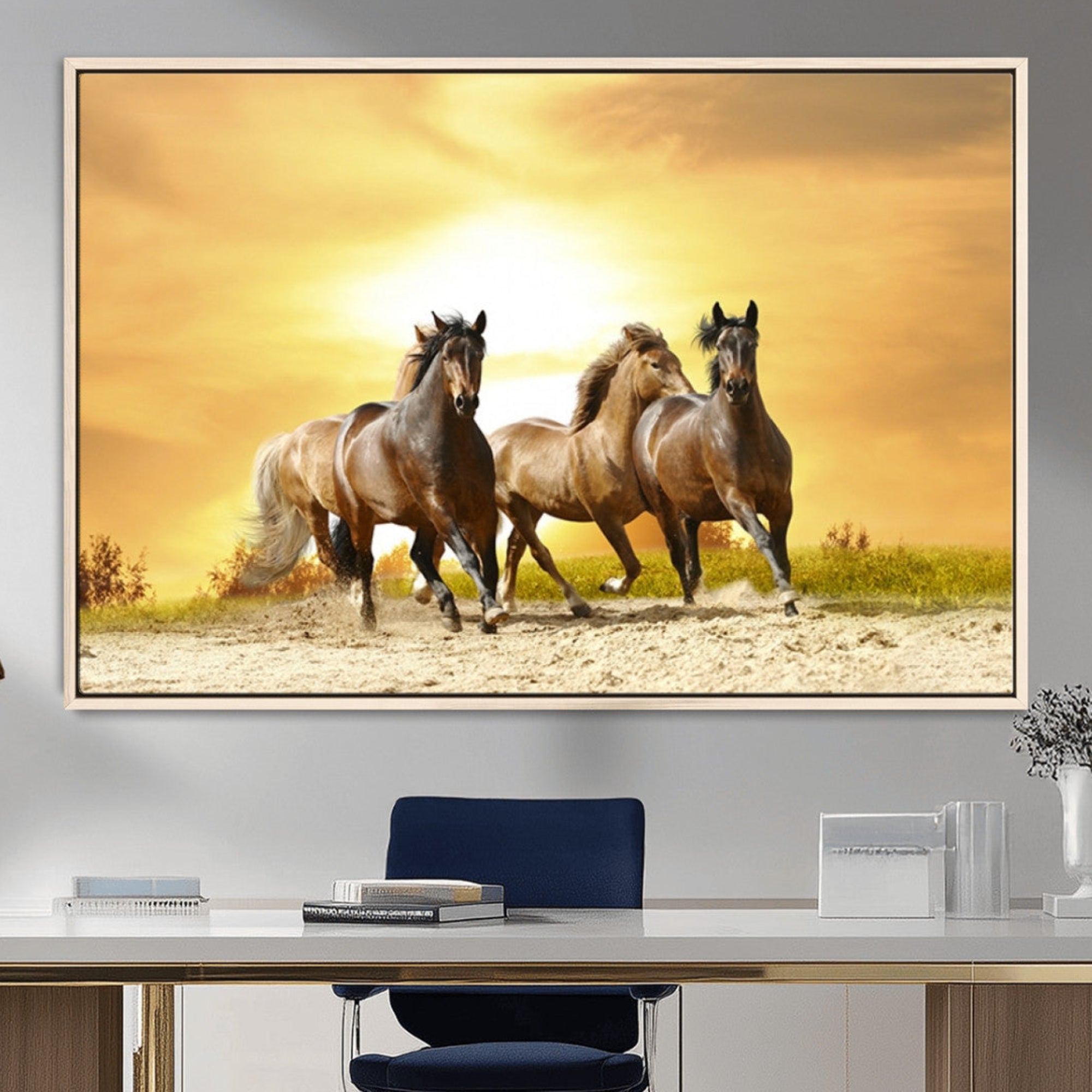 -Wild Horses Wall Art Canvas Print – Framed Galloping Herd Animal Artwork for Home, Office, Living Room, Guest Room