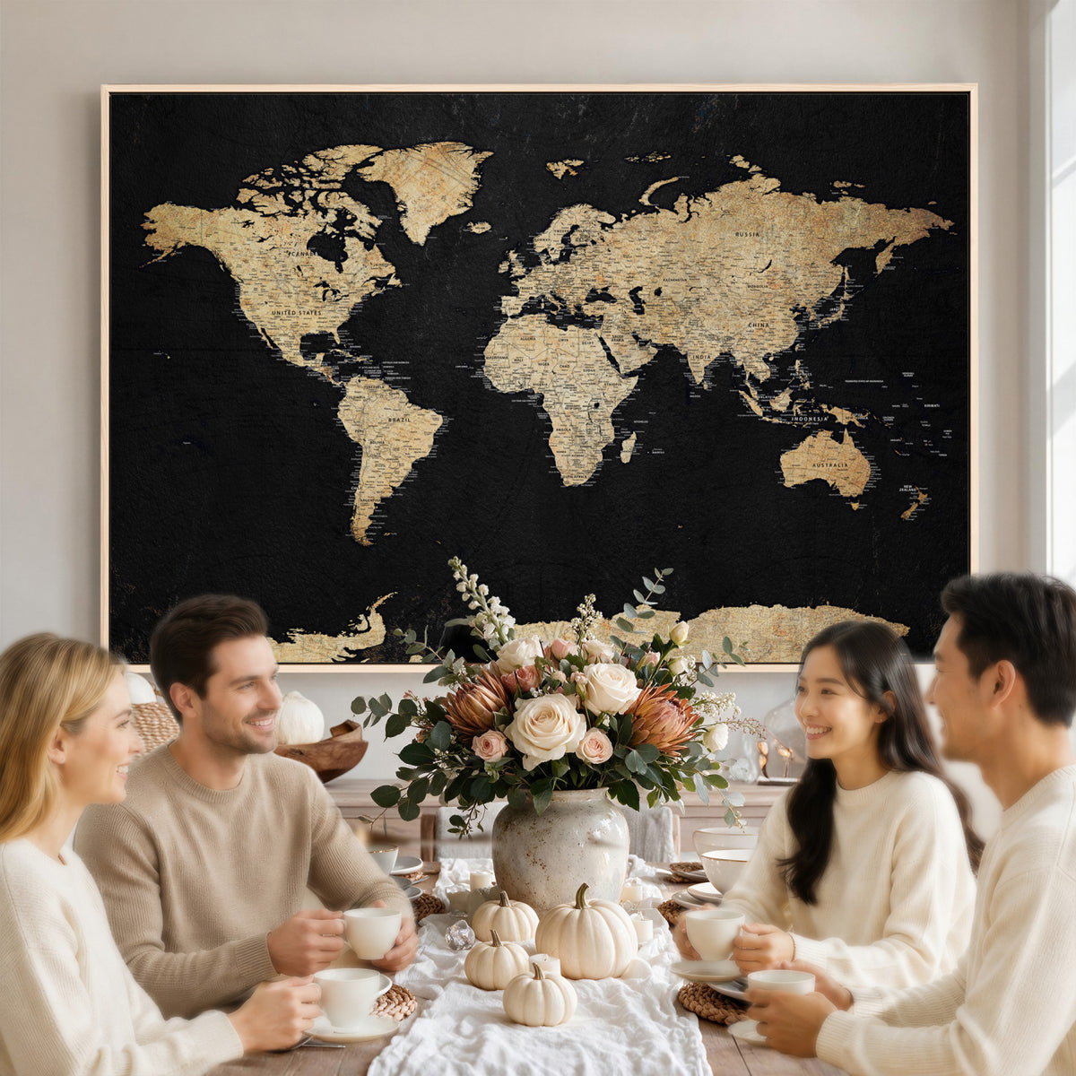71518849-MGV-CV-36X24 - Beige World Map Canvas Wall Art Print, Minimal Black and
