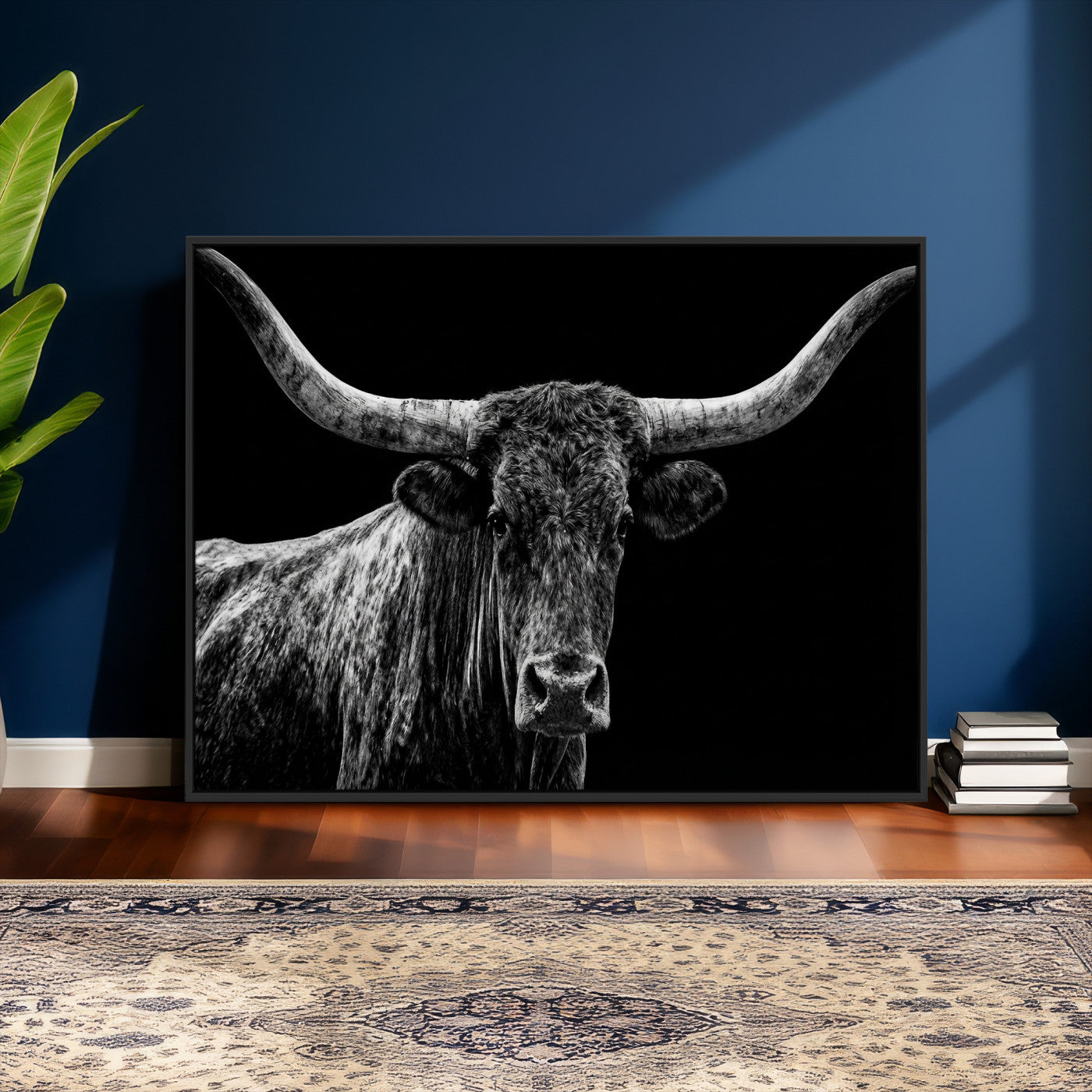 86568508-MGV-CV-36X24 - Vintage Texas Longhorn Bull Wall Art Canvas Print, Texas Cow Portrait Print, Framed Bull Wall Art Ready to Hang