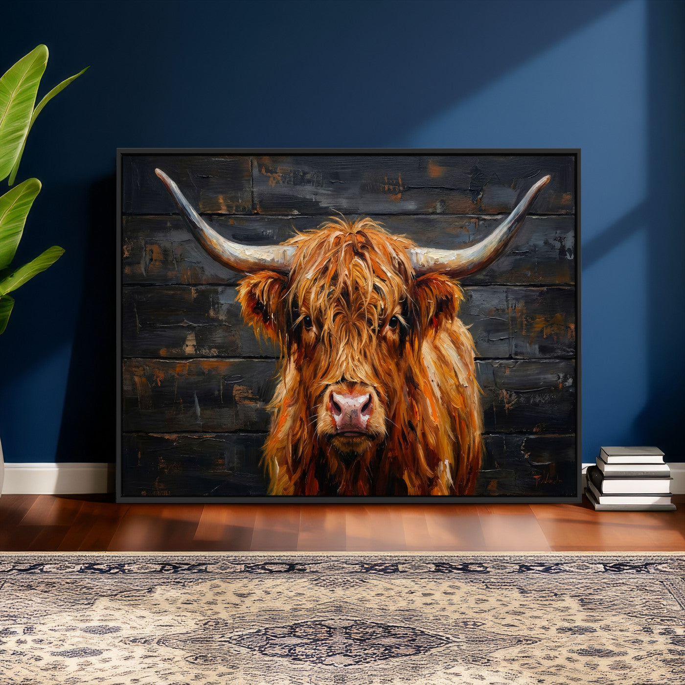 32536611-MGV-CV-36X24 - Highland Cow Wall Art Canvas Print, Rustic Farm Animal Painting, Framed Wall Art Ready to Hang