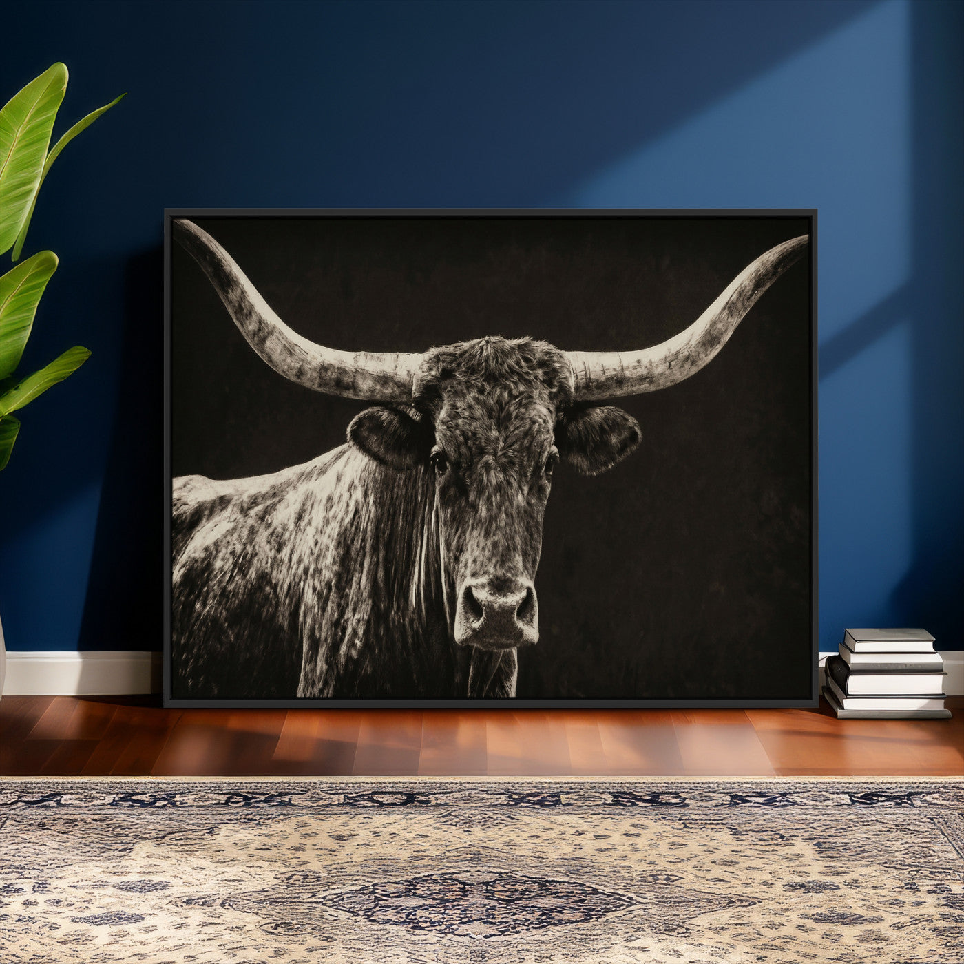 74513721-MGV-CV-36X24 - Vintage Texas Longhorn Bull Wall Art Canvas Print, Cow Portrait Photography Print, Framed Wall Art Ready to Hang