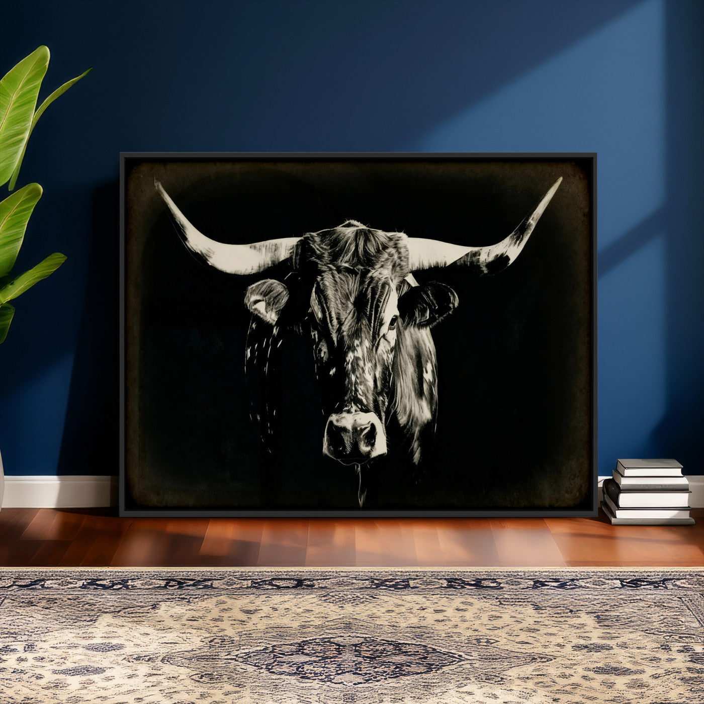 91364114-MGV-CV-36X24 - Black Bull Wall Art Canvas Print, Texas Longhorn Portrait Print, Framed Wall Art Ready to Hang