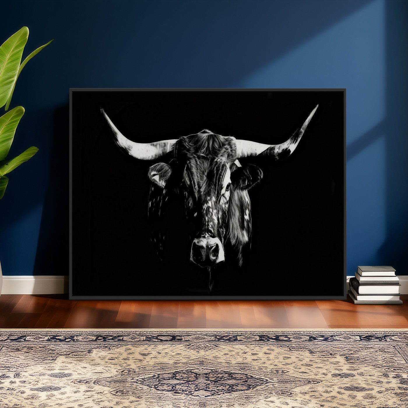 21436434-MGV-CV-36X24 - Black Bull Wall Art Canvas Print, Dark Longhorn Portrait Photography, Framed Wall Art Ready to Hang