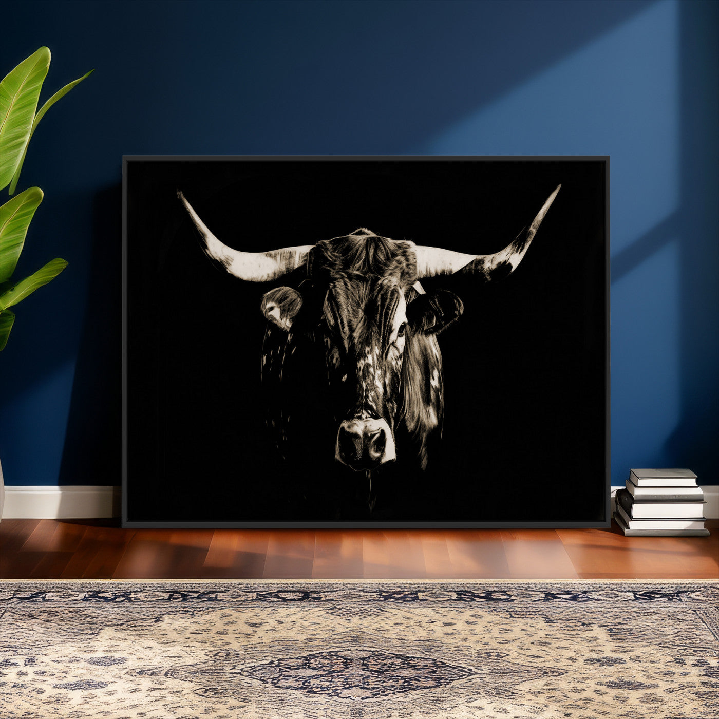 75774468-MGV-CV-36X24 - Black Bull Wall Art Canvas Print, Dark Longhorn Portrait Photography, Framed Wall Art Ready to Hang
