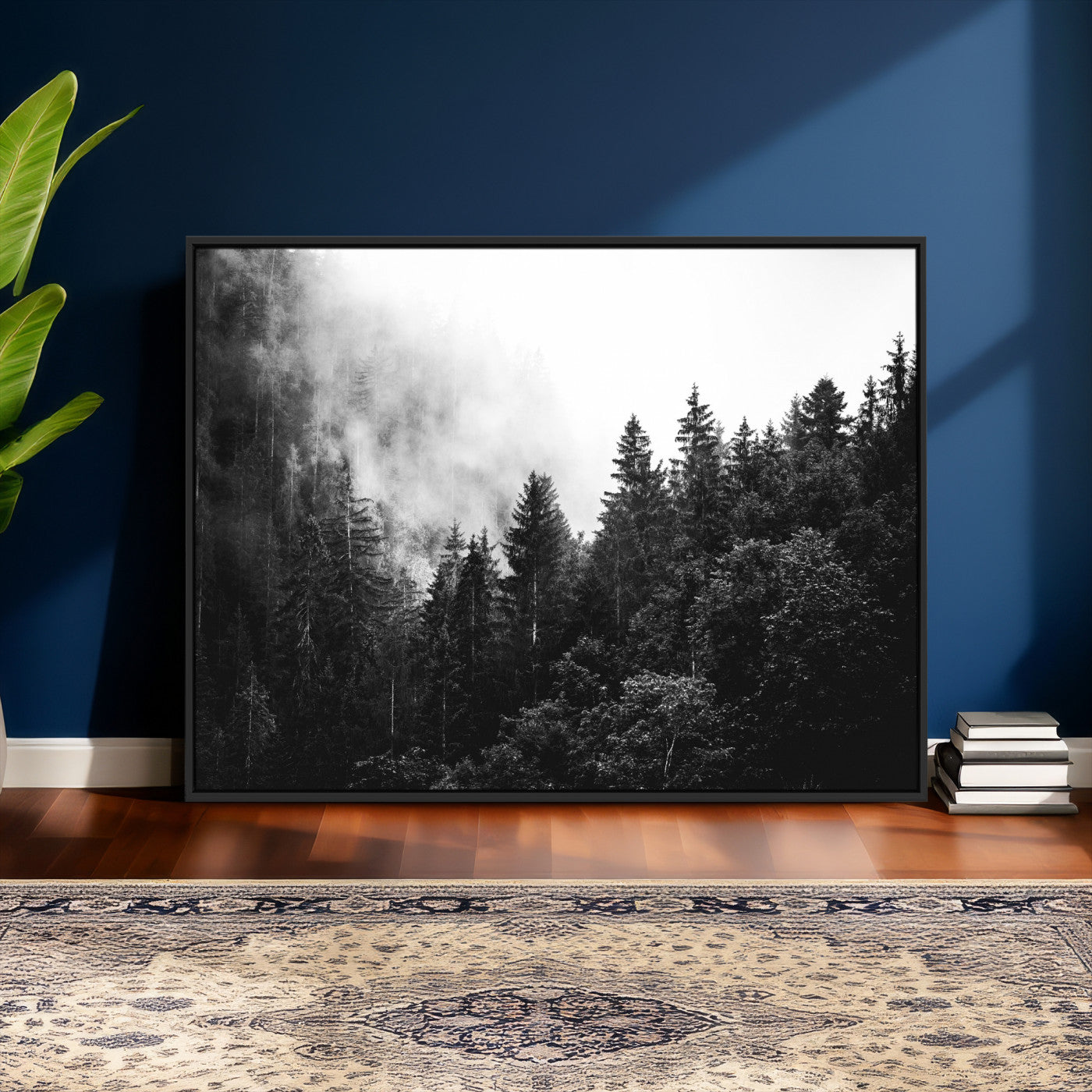 98764151-MGV-CV-36X24 - Black and White Forest Wall Art Canvas Print, Misty Pine Tree Landscape Photography, Framed Wall Art Ready to Hang