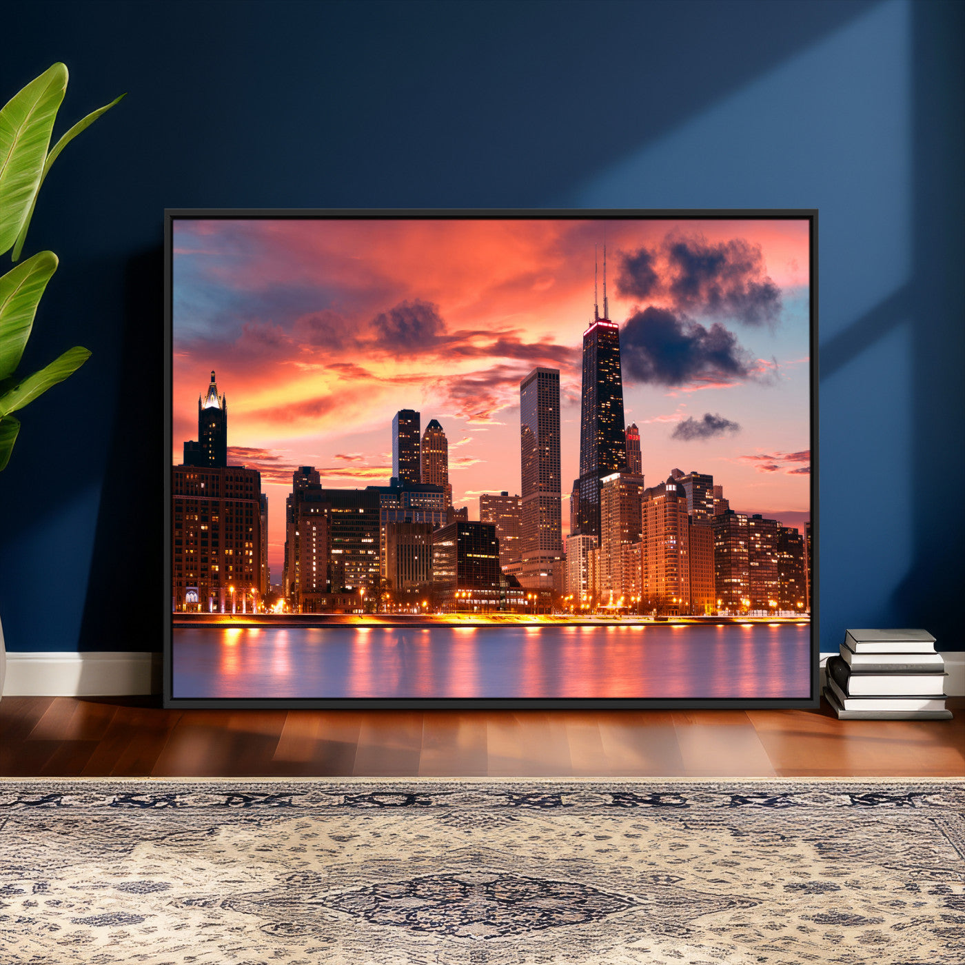 80390109-MGV-CV-36X24 - Chicago Wall Art Canvas Print, Chicago City Downtown Night Cityscape Print for Modern Urban Wall Decor