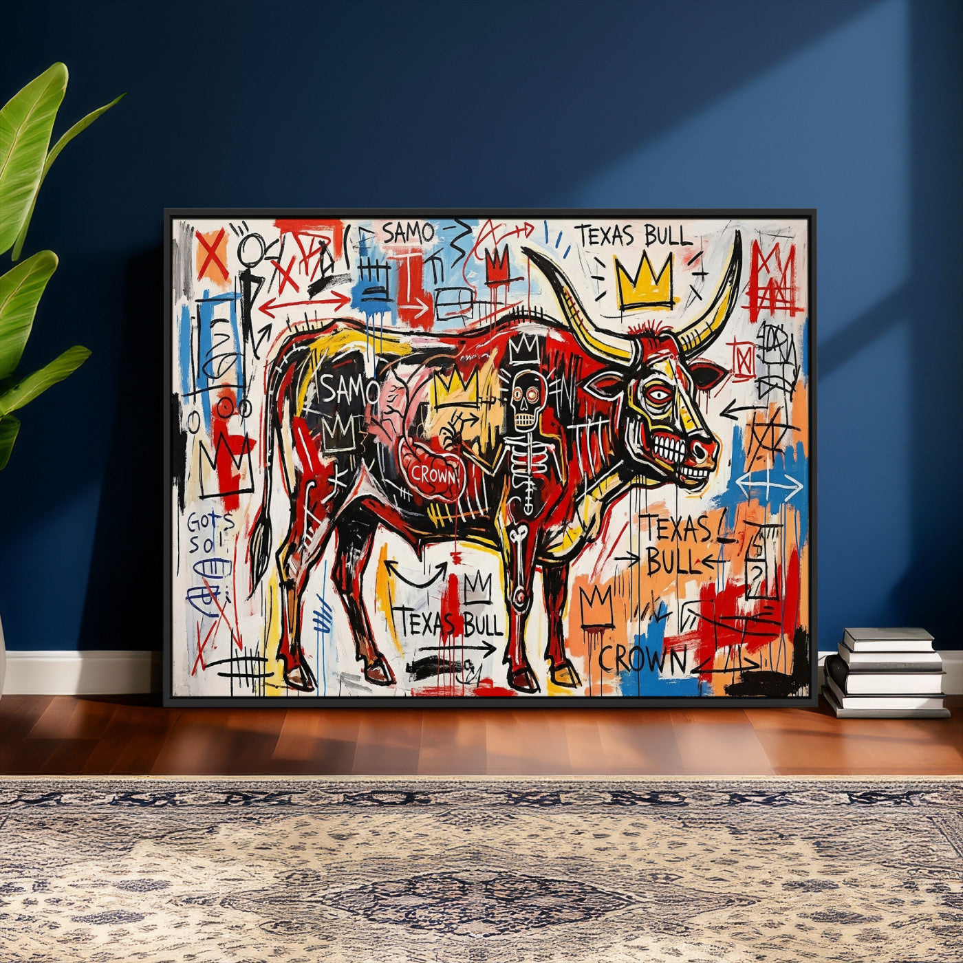 89504579-MGV-CV-36X24 - TITLE: Texas Bull Wall Art Canvas Print, Abstract Graffiti Bull Painting, Western Animal Art, Modern Ranch Decor