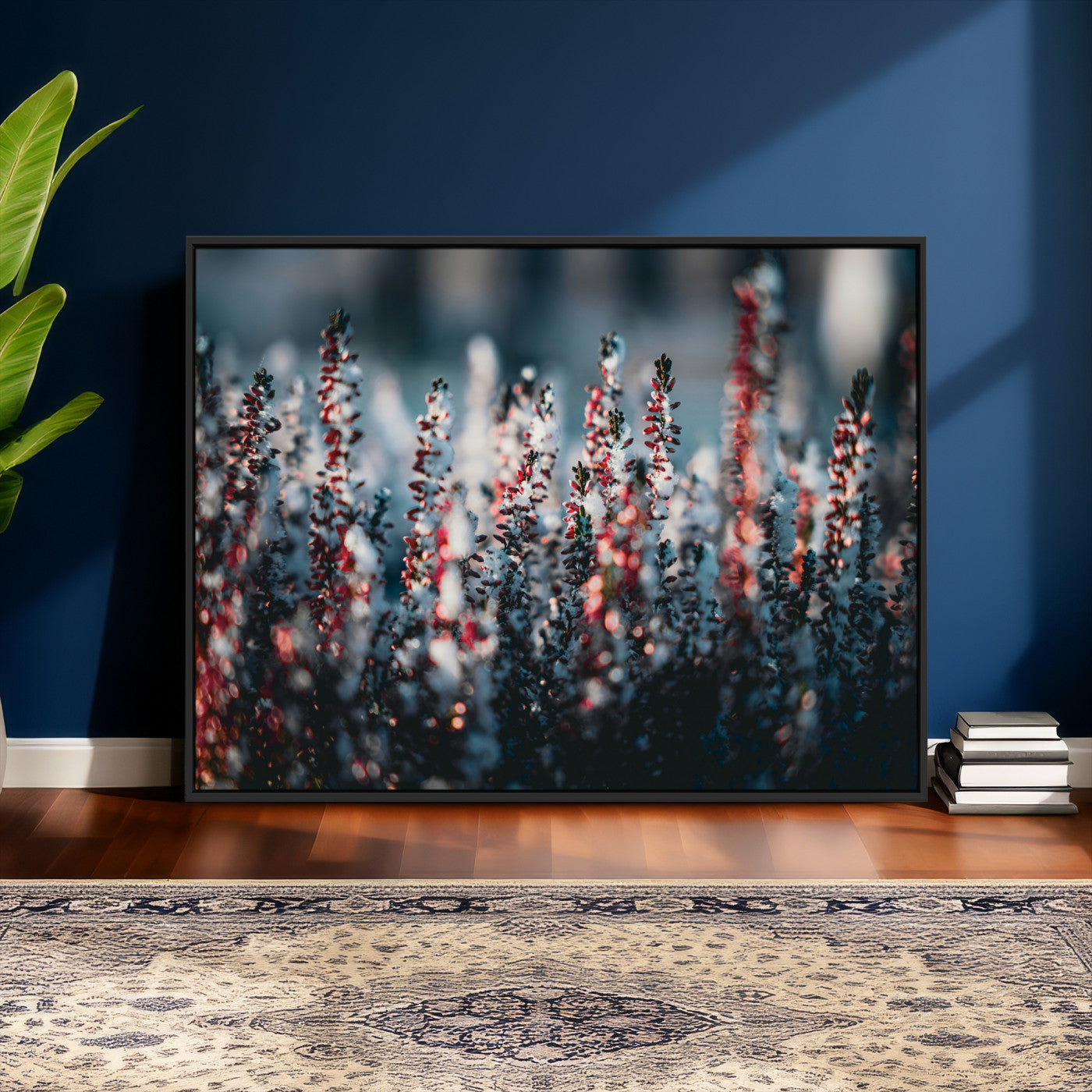 82063935-MGV-CV-36X24 - Winter Heather Wall Art Canvas Print, Frosted Floral Nature Art, Moody Botanical Wall Decor