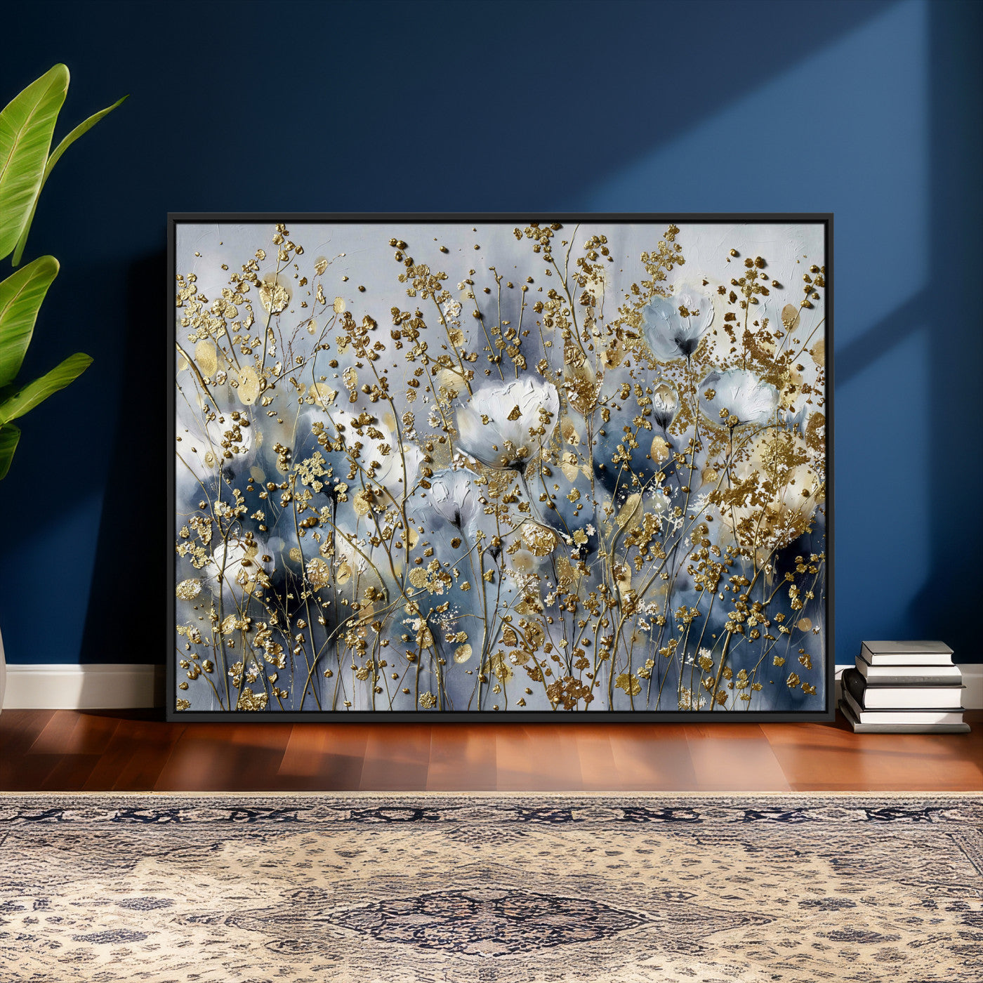 24499670-MGV-CV-36X24 - Abstract Floral Wall Art Canvas Print – Gold and Blue Botanical Artwork for Living Room, Bedroom, and Office Decor