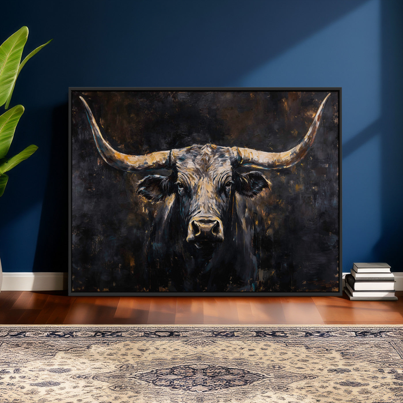 17622011-MGV-CV-36X24 - Abstract Longhorn Bull Wall Art Canvas Print – Dark Rustic Western Cattle Artwork for Farmhouse, Ranch, Cabin, and Office Decor