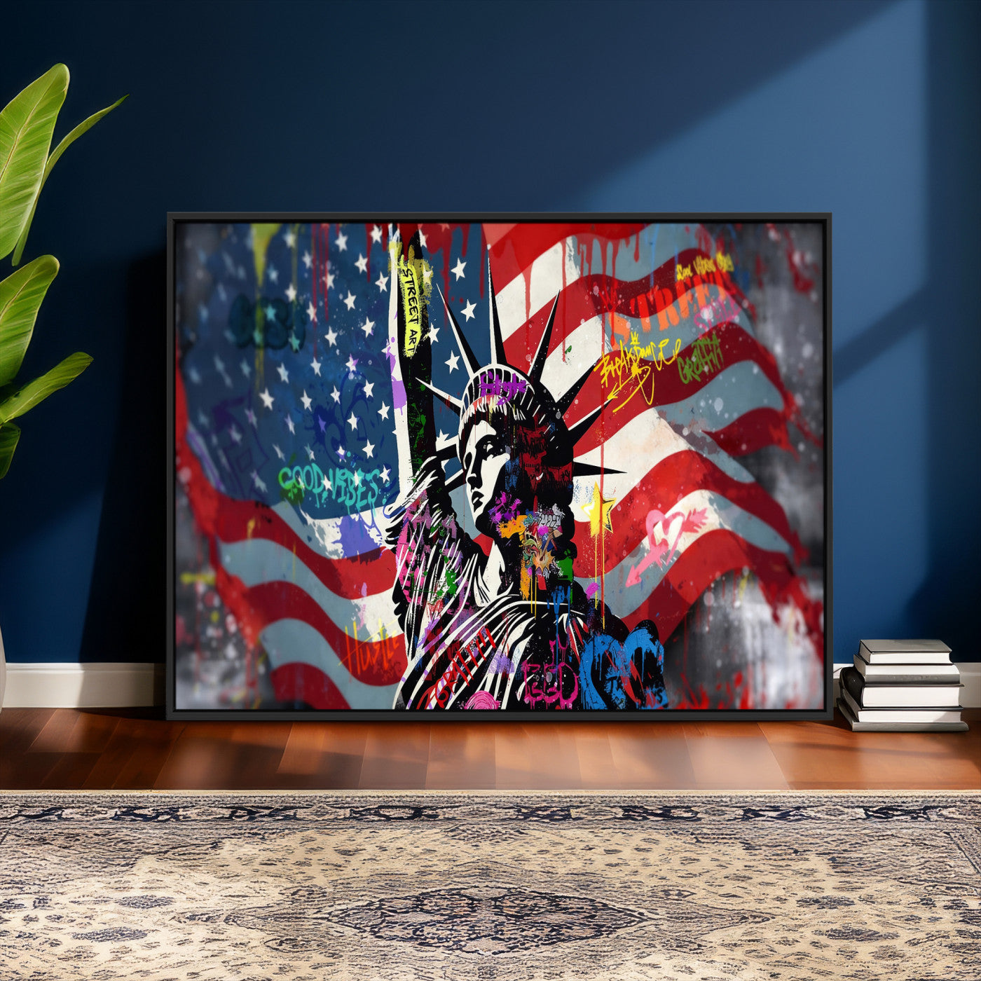 32151941-MGV-CV-36X24 - USA Statue of Liberty Graffiti Street Art Wall Art Canvas Print, American Flag Urban Pop Art Canvas Print, Modern Patriotic Street Art Contemporary Art Printing