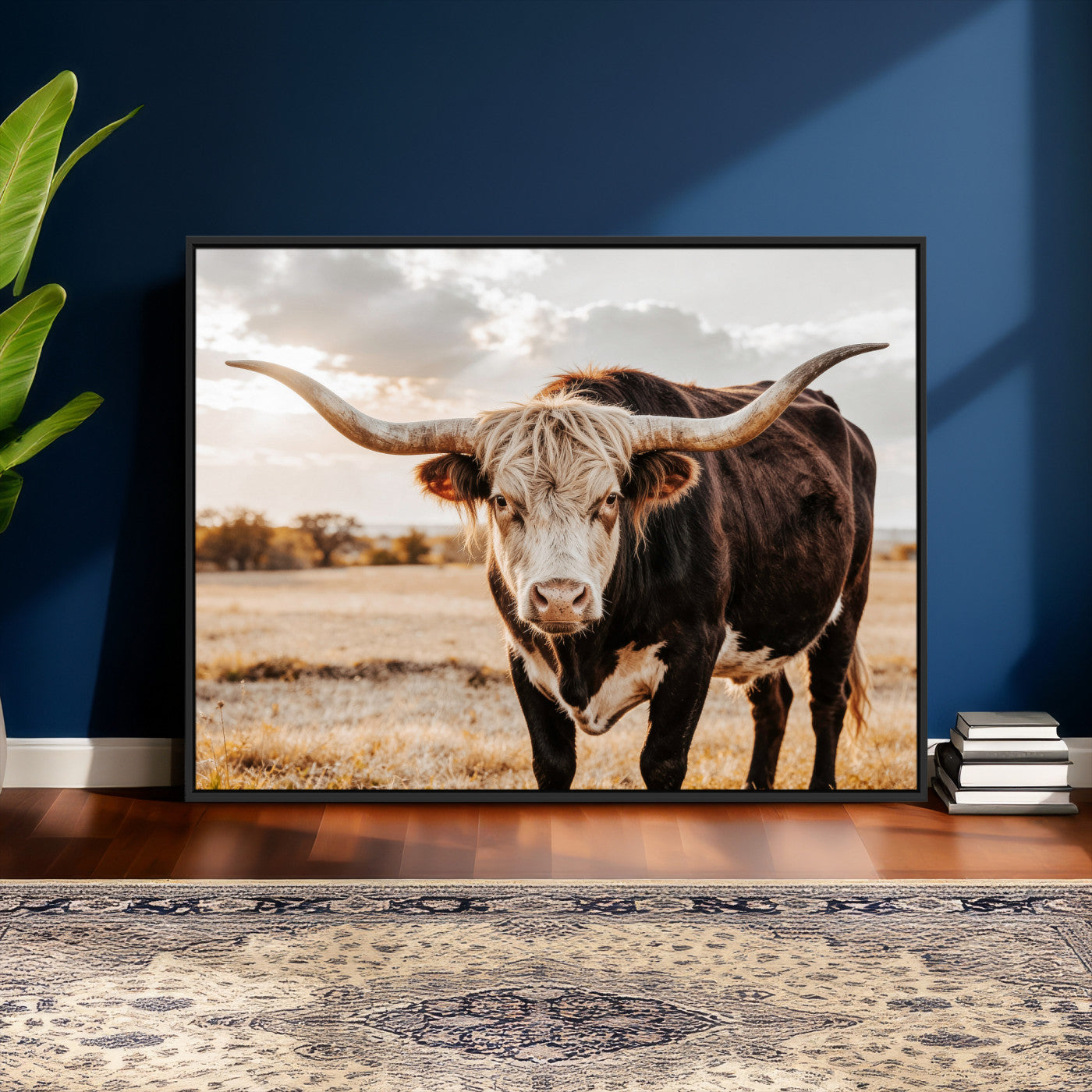 88230279-MGV-CV-36X24 - Texas Longhorn Bull Rustic Wall Art Canvas Print, Western Cattle Photography Canvas Print, Ranch Farm Animal Western Art Printing