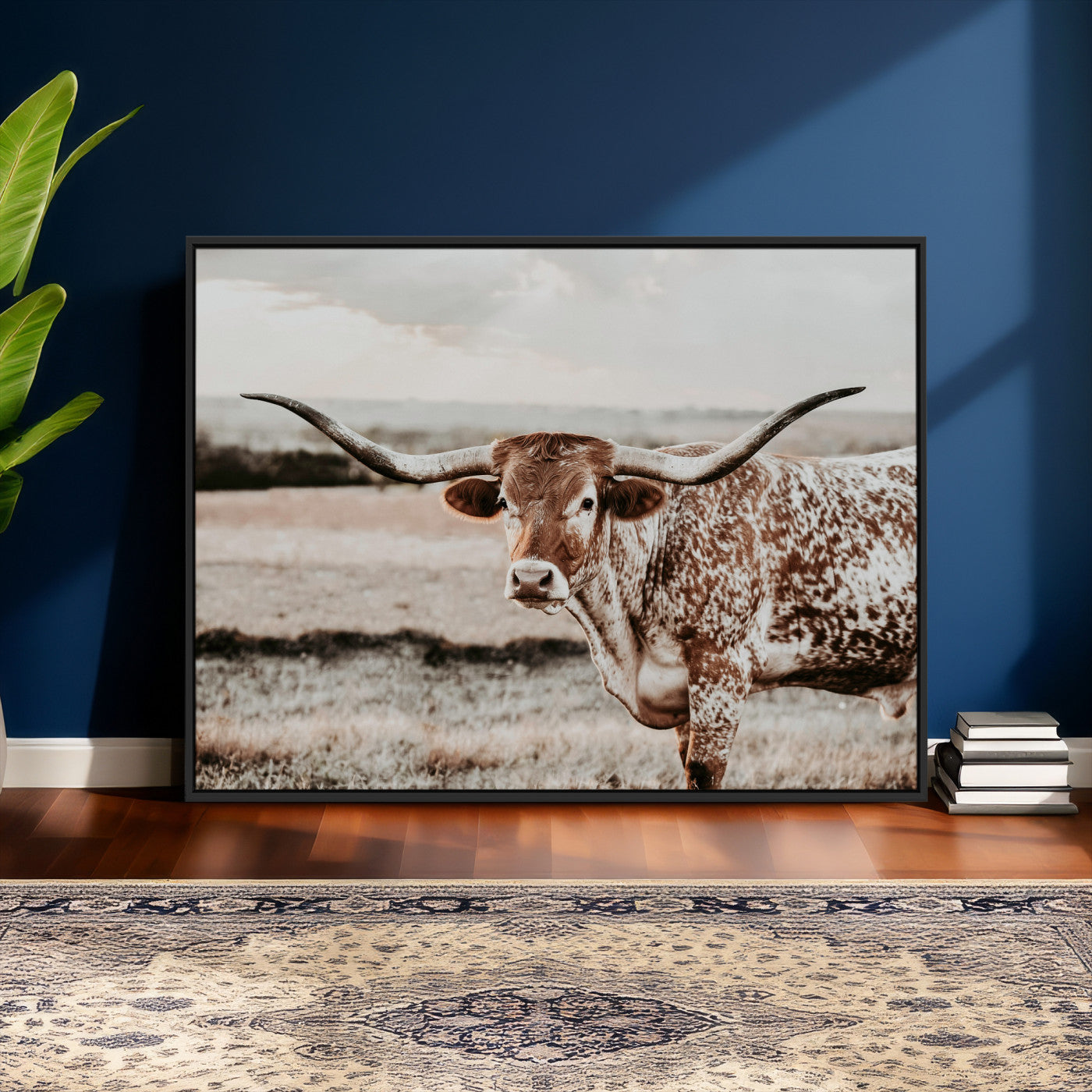 73897046-MGV-CV-36X24 - Texas Longhorn Bull Rustic Wall Art Canvas Print, Western Cattle Photography Canvas Print, Ranch Farm Animal Western Art Printing