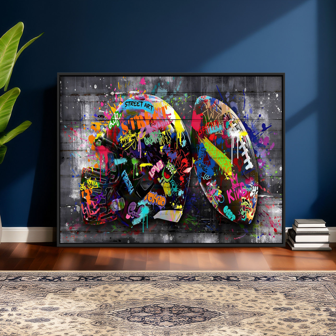 80540773-MGV-CV-36X24 - Graffiti American Football Helmet Street Art Wall Art Canvas Print, Urban Sports Pop Art Football Canvas Print, Colorful Graffiti Sports Contemporary Art Printing