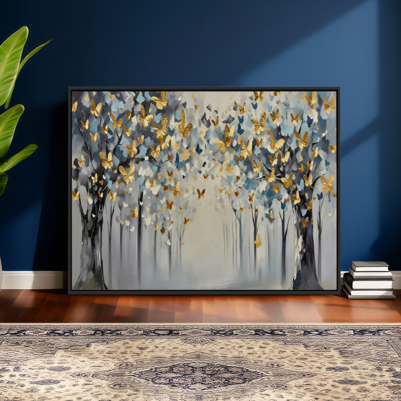 79208191-MGV-CV-36X24 - Golden Butterfly Tree Abstract Wall Art Canvas Print, Modern Elegant Nature Painting Canvas Print, Blue Gold Contemporary Floral Art Printing