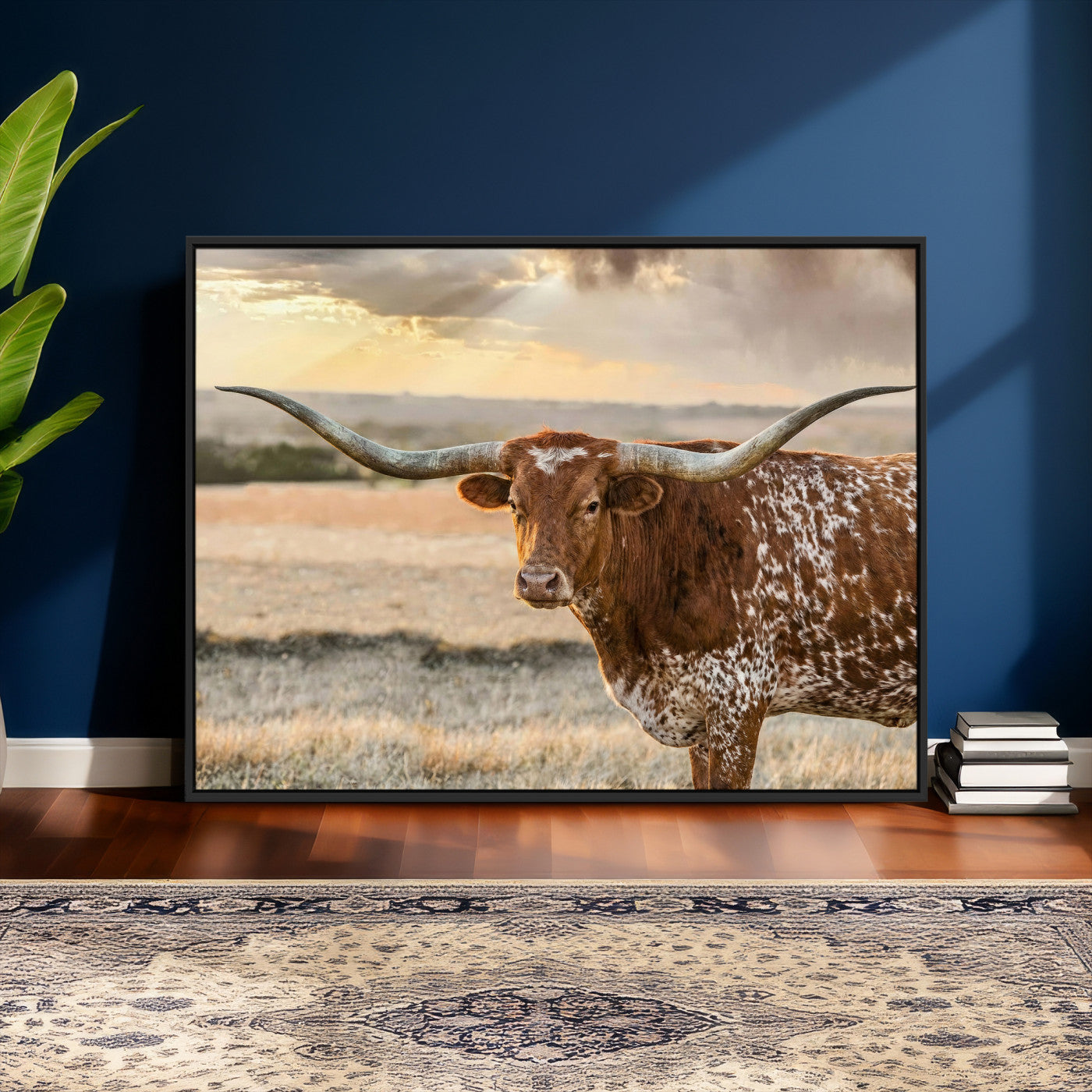 16502384-MGV-CV-36X24 - Texas Longhorn Wall Art Canvas Print, Western Ranch Bull Photography Canvas Print, Rustic Farmhouse Cattle Artwork for Living Room Decor