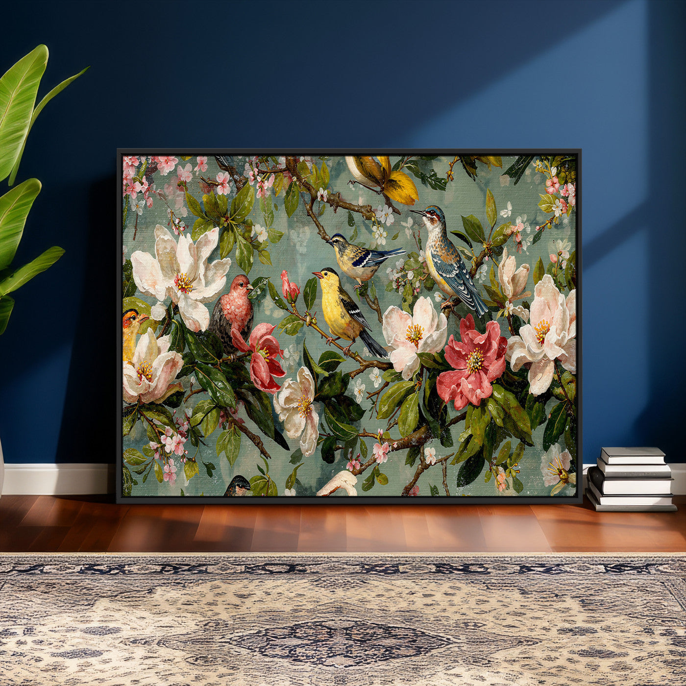 77883606-MGV-CV-36X24 - Vintage Birds and Flowers Wide Wall Art: Extra Large Panoramic Botanical Print