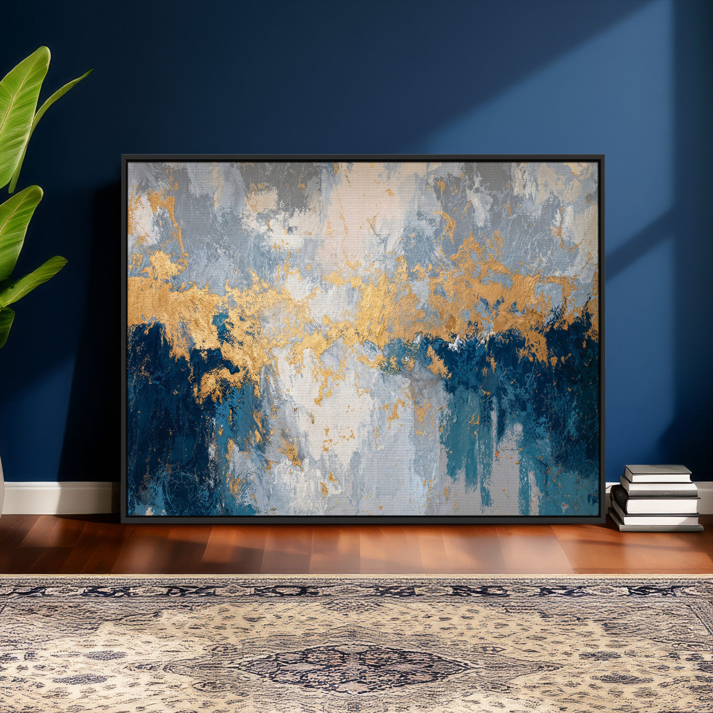 65386119-MGV-CV-36X24 - Blue Gold Abstract Large Framed Canvas Wall Art, Modern Luxury Painting Print in Horizontal Oversized Minimal Wall Decor Artwork