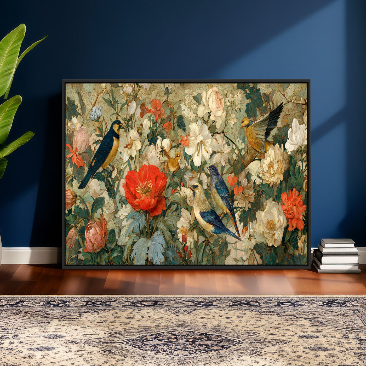 52904757-MGV-CV-36X24 - Vintage Birds and Flowers Wall Art Canvas Print, Botanical Bird Painting Canvas Print, Floral Garden Bird Artwork Canvas Print, Classic Bird Flower Painting Canvas Print