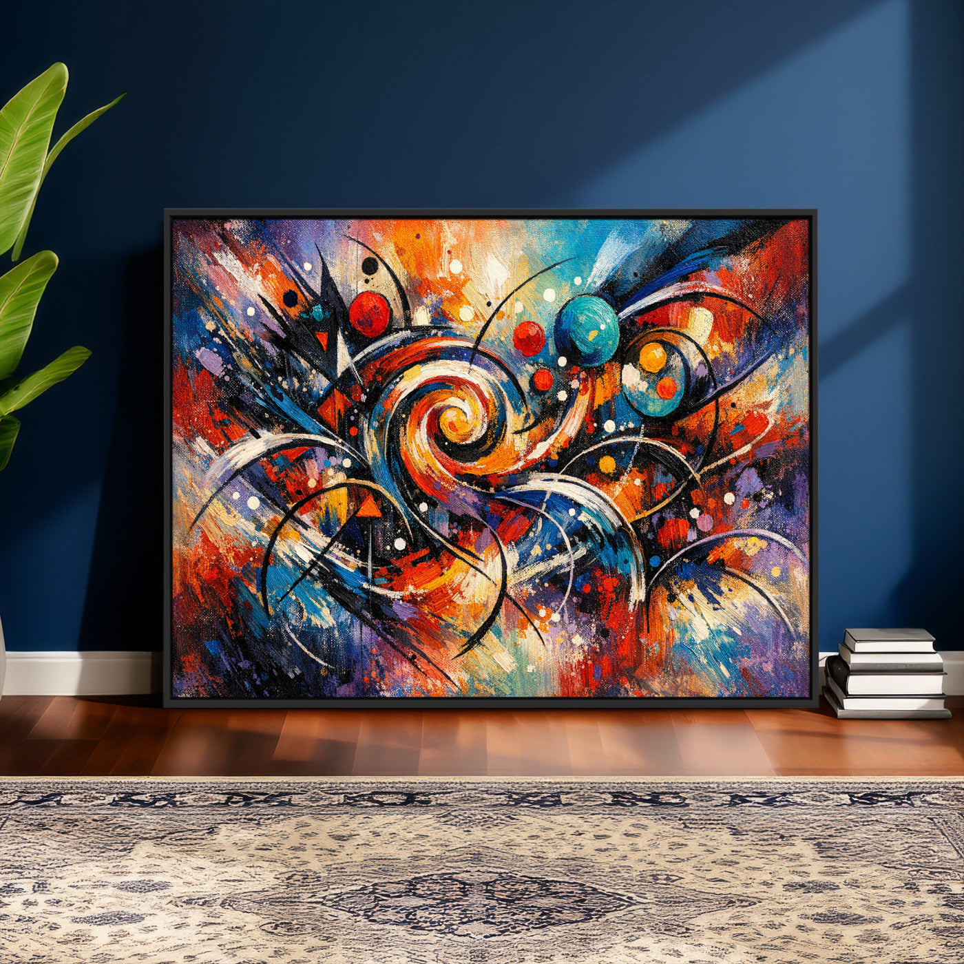 60193267-MGV-CV-36X24 - Geometric Abstract Wall Art Canvas Print, Orange Blue Abstract Expressionist Painting Print, Modern Geometric Abstract Canvas Art