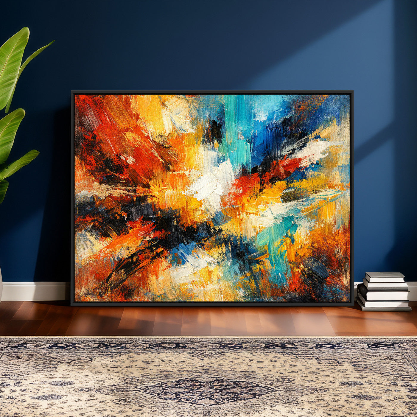 93167583-MGV-CV-36X24 - Geometric Abstract Wall Art Canvas Print, Orange Blue Abstract Expressionist Painting Print, Modern Geometric Abstract Canvas Art