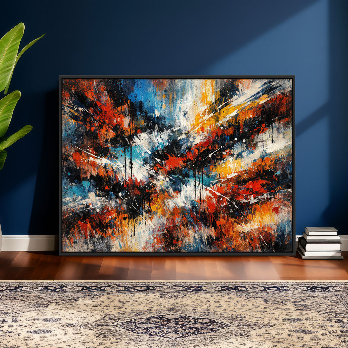 80276069-MGV-CV-36X24 - Geometric Abstract Wall Art Canvas Print, Orange Blue Abstract Expressionist Painting Print, Modern Geometric Abstract Canvas Art