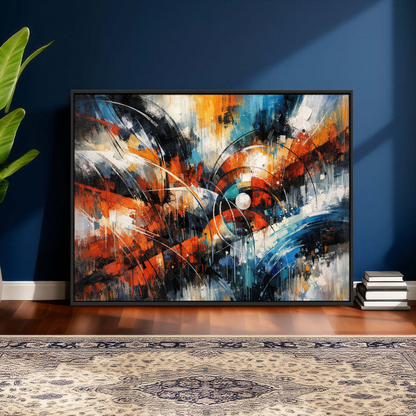 47120691-MGV-CV-36X24 - Geometric Abstract Wall Art Canvas Print, Orange Blue Abstract Expressionist Painting Print, Modern Geometric Abstract Canvas Art