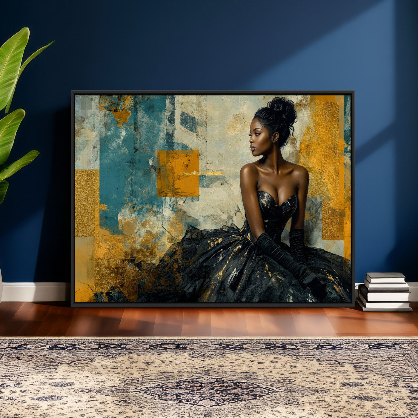 4712069Z21-MGV-CV-36X24 - Elegant Woman Canvas Wall Art — Black Gold Gown Fashion Print | Luxury Glam Wall Decor | African American Art | Bold Bedroom Wall Art Gift
