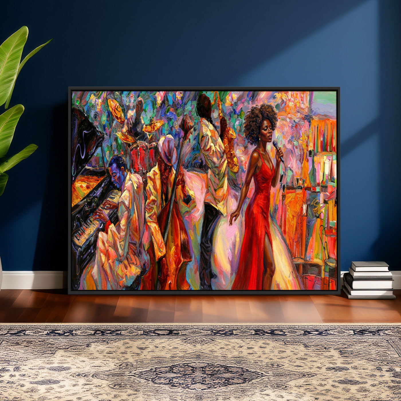 72615137-MGV-CV-36X24 - African American Jazz Singer Canvas Art - Red Dress Black Woman Music Print | Colorful Jazz Band Wall Decor | Living Room Gift for Her