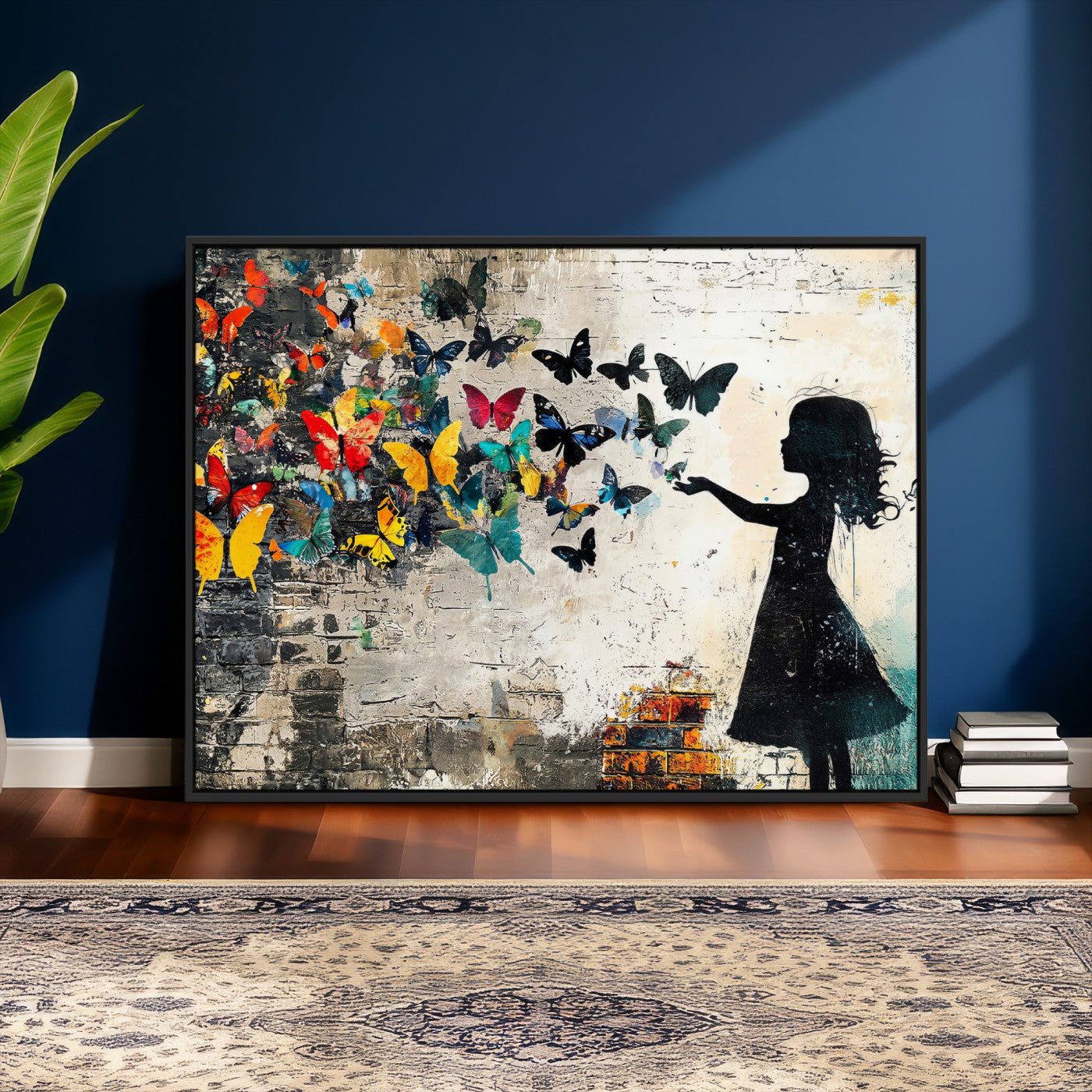 33909022-MGV-CV-36X24 - Banksy Butterfly Girl Wall Art Canvas Print, Framed Street Art Silhouette Graffiti Artwork, Colorful Butterfly Wall Decor for Living Room Bedroom Office
