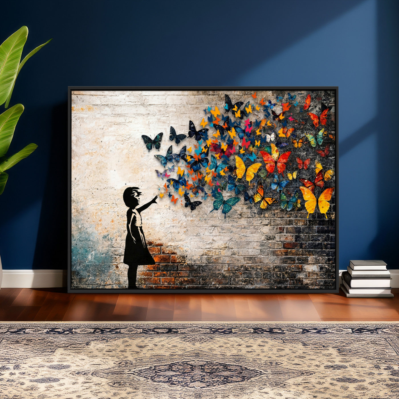 78760384-MGV-CV-36X24 - Banksy Graffiti Butterfly Girl Wall Art Canvas Print, Framed Street Art Canvas Print, Silhouette Butterfly Wall Art for Living Room Bedroom Office