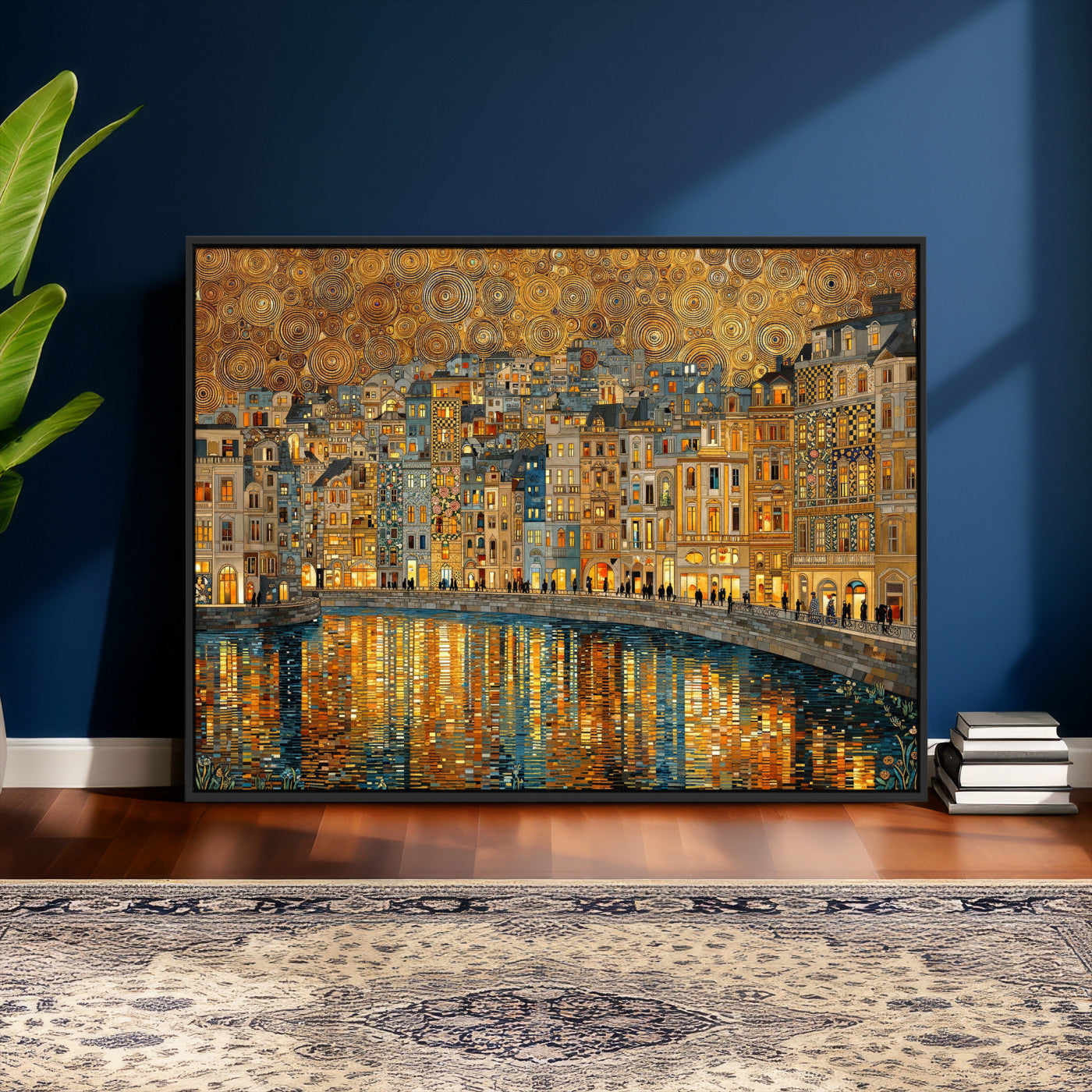 94022787-MGV-CV-36X24 - Gustav Klimt Golden Cityscape Wall Art Canvas Print, Framed River Town Landscape Artwork, Ornate Architecture Wall Decor for Living Room Bedroom Office