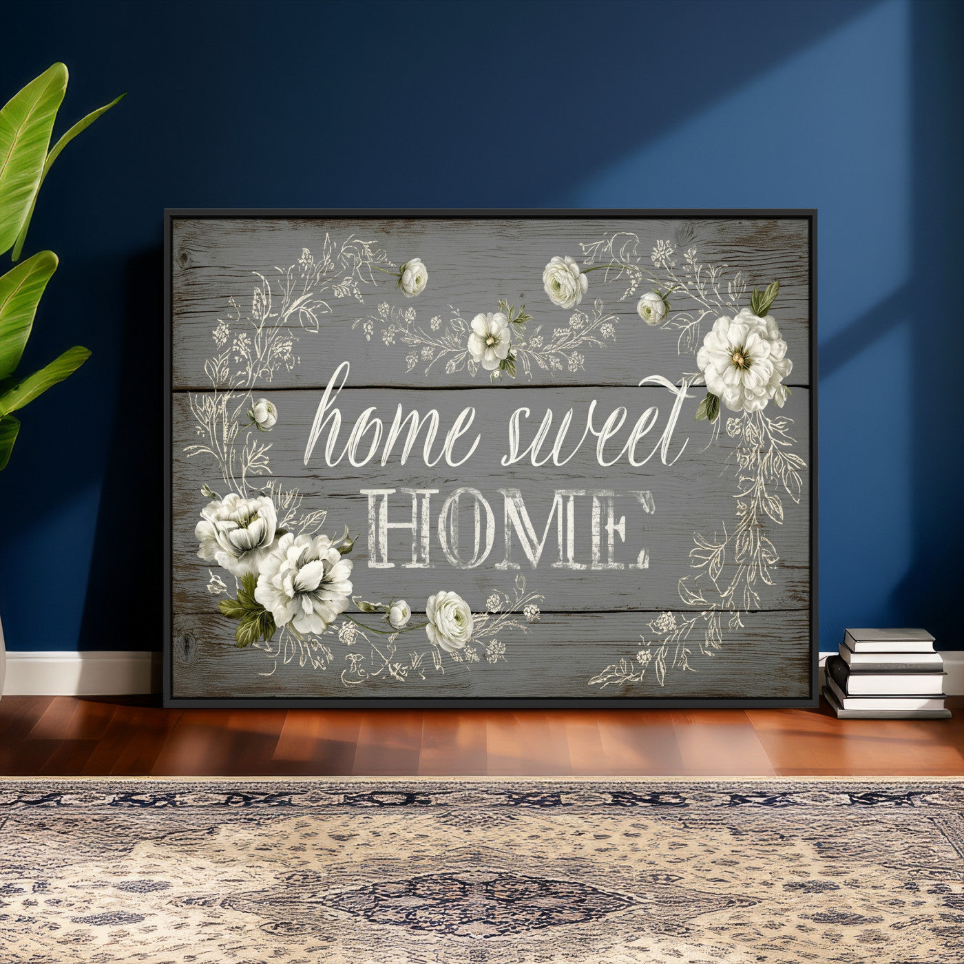 32056075-MGV-CV-36X24 - Home Sweet Home Wall Art Canvas Print, Floral Farmhouse Sign, Rustic Neutral Entryway Bedroom Living Room Decor