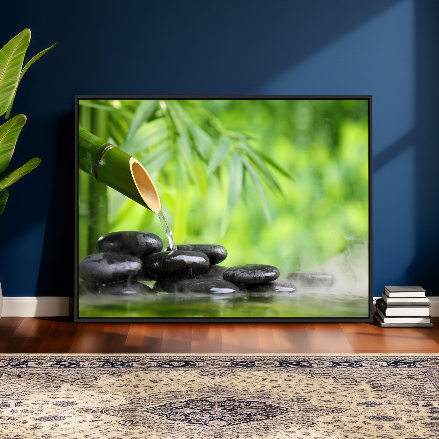 26961320-MGV-CV-36X24 - Bamboo Water Flow Black Stone Canvas | Zen Spa Nature Photography Print | Green Mist Japanese Garden Wall Art | Tranquil Decor